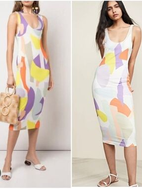 Alice + Olivia James Scoop Neck Sleeveless Abstract Midi Dress in Pastel Multi